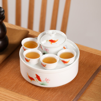 Пътуващ Gongfu комплект за чай с керамична чайна тава, бял порцелан, преносим за дома, колата и на открито