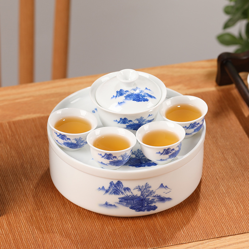 Пътуващ Gongfu комплект за чай с керамична чайна тава, бял порцелан, преносим за дома, колата и на открито