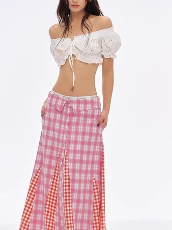 Currig Ženska duga suknja u proljetnom američkom retro stilu, karirani patchwork, uski kroj, srednje niska struka
