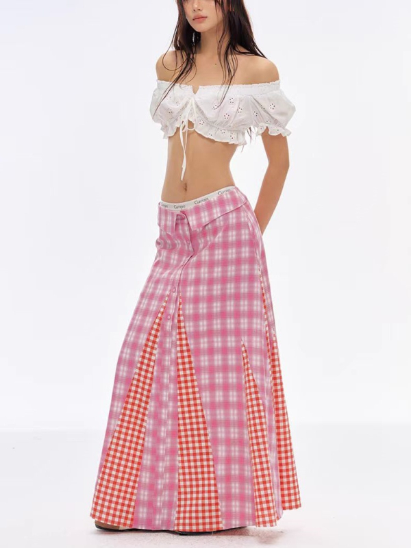 Currig Ženska duga suknja u proljetnom američkom retro stilu, karirani patchwork, uski kroj, srednje niska struka