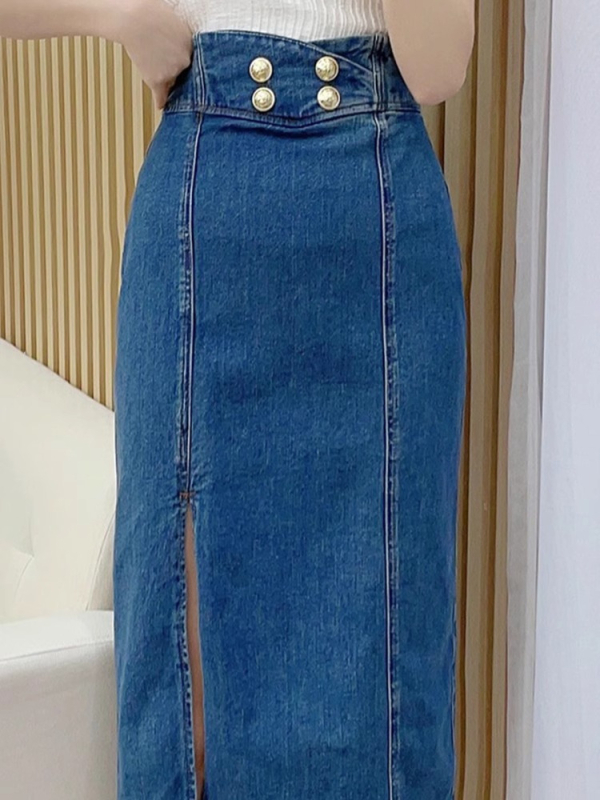 Ženska denim midi suknja s prednjim otvorom, visokim strukom – udoban kroj, plavi denim