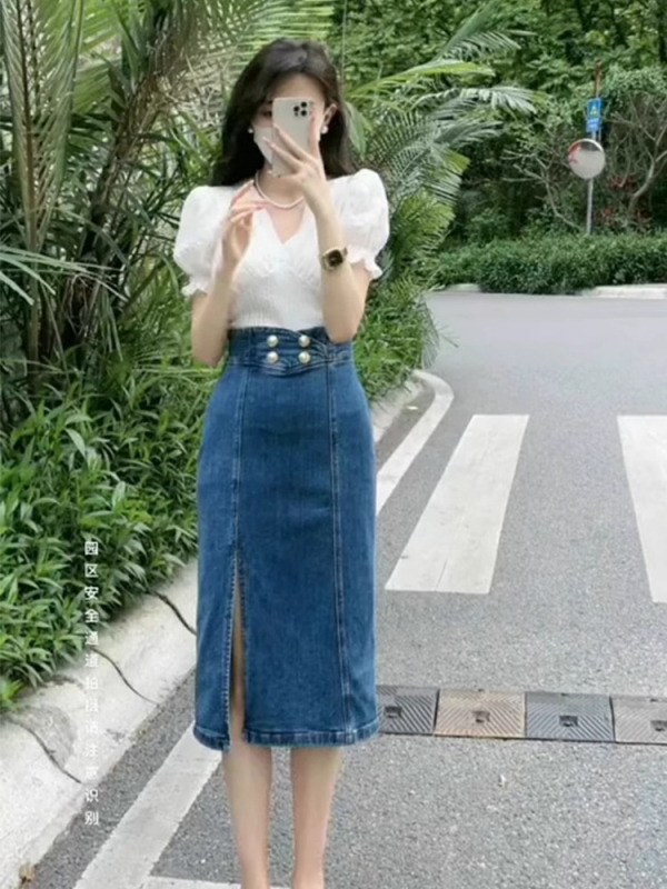 Ženska denim midi suknja s prednjim otvorom, visokim strukom – udoban kroj, plavi denim