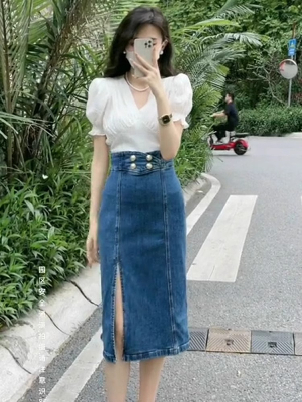 Ženska denim midi suknja s prednjim otvorom, visokim strukom – udoban kroj, plavi denim