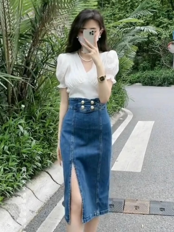 Ženska denim midi suknja s prednjim otvorom, visokim strukom – udoban kroj, plavi denim