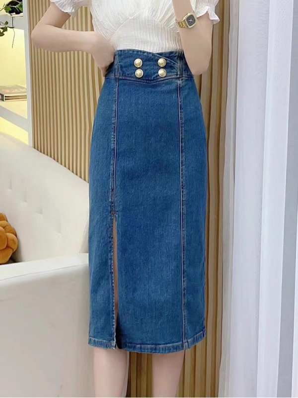 Ženska denim midi suknja s prednjim otvorom, visokim strukom – udoban kroj, plavi denim