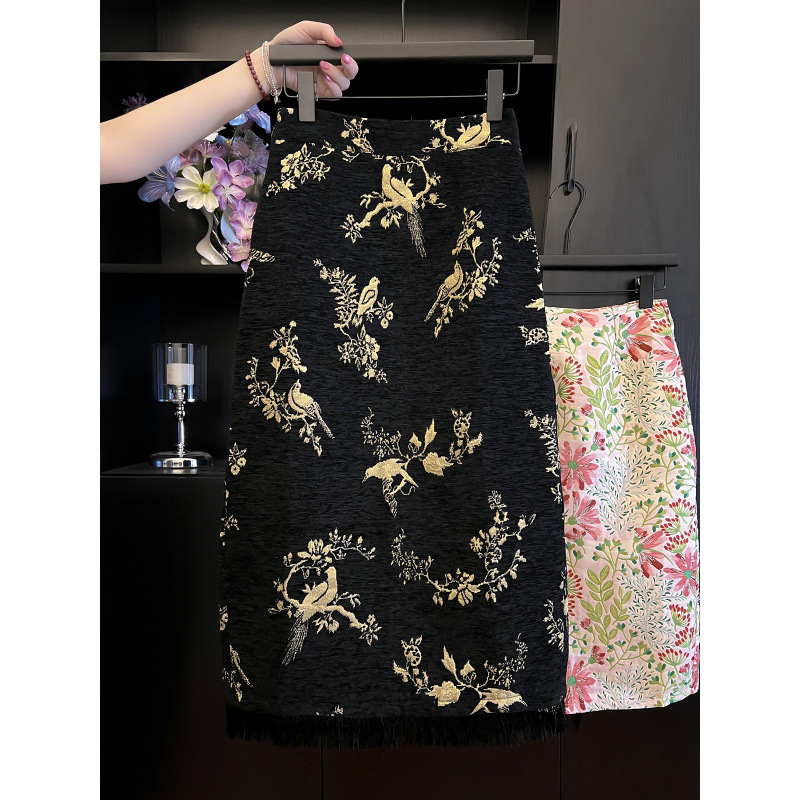 Bird suknja s Jacquard Chenille, retro izvezena, za žene, jesen-zima, midi duljine, A-linija, sa otvorom i resicama