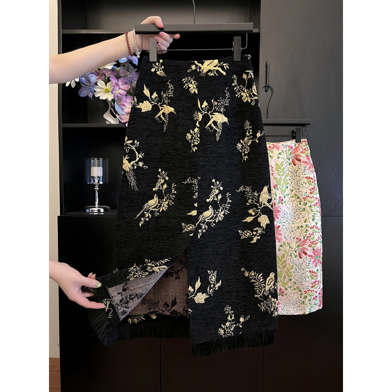 Bird suknja s Jacquard Chenille, retro izvezena, za žene, jesen-zima, midi duljine, A-linija, sa otvorom i resicama