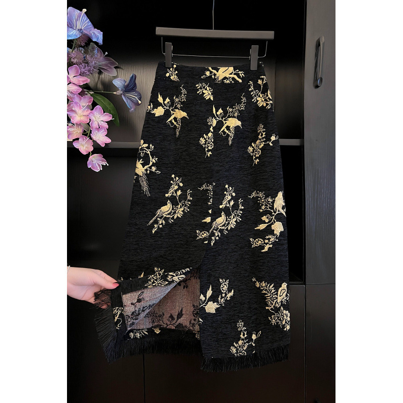 Bird suknja s Jacquard Chenille, retro izvezena, za žene, jesen-zima, midi duljine, A-linija, sa otvorom i resicama