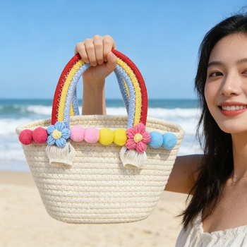 Ženska slamasta torbica u pletenom dizajnu s pamukom užetom, korejskog stila, plaža torba, boja dopamin