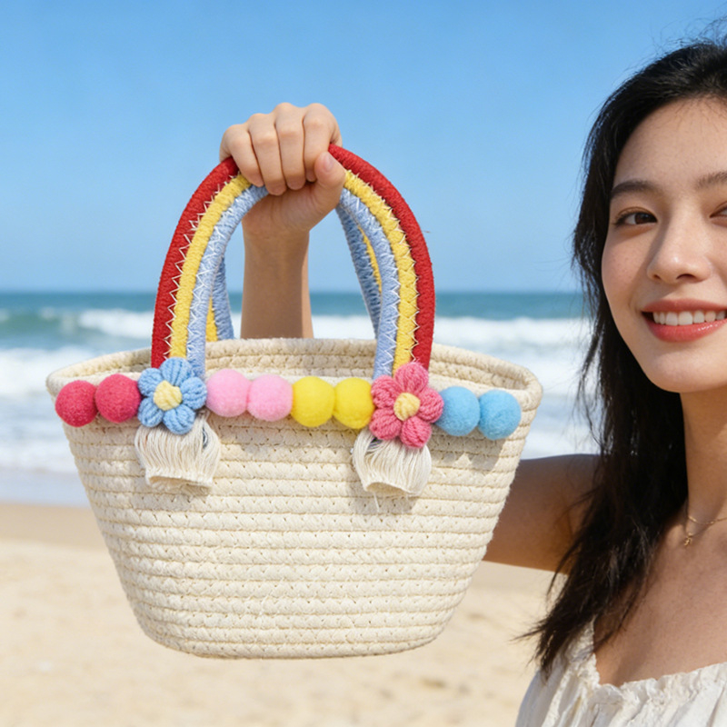 Ženska slamasta torbica u pletenom dizajnu s pamukom užetom, korejskog stila, plaža torba, boja dopamin