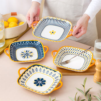 Északi stílusú négyszögletes porcelán tányér két fülével, mikrohullámú sütőben használható, kerámia étkészlet otthoni használatra