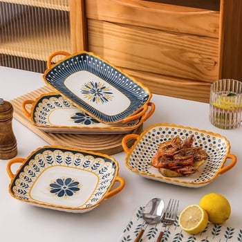 Északi stílusú négyszögletes porcelán tányér két fülével, mikrohullámú sütőben használható, kerámia étkészlet otthoni használatra