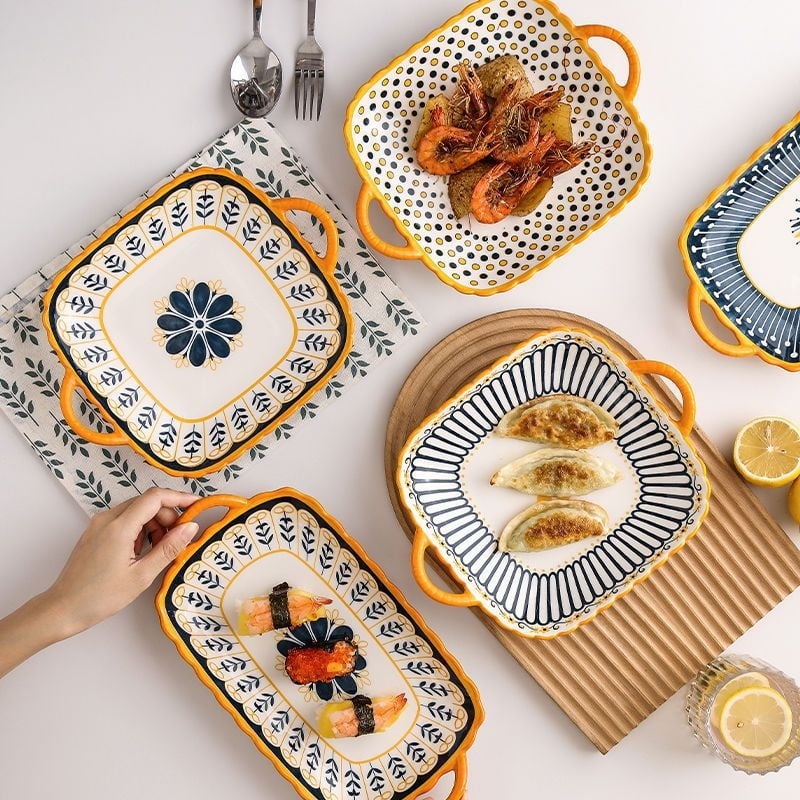 Északi stílusú négyszögletes porcelán tányér két fülével, mikrohullámú sütőben használható, kerámia étkészlet otthoni használatra