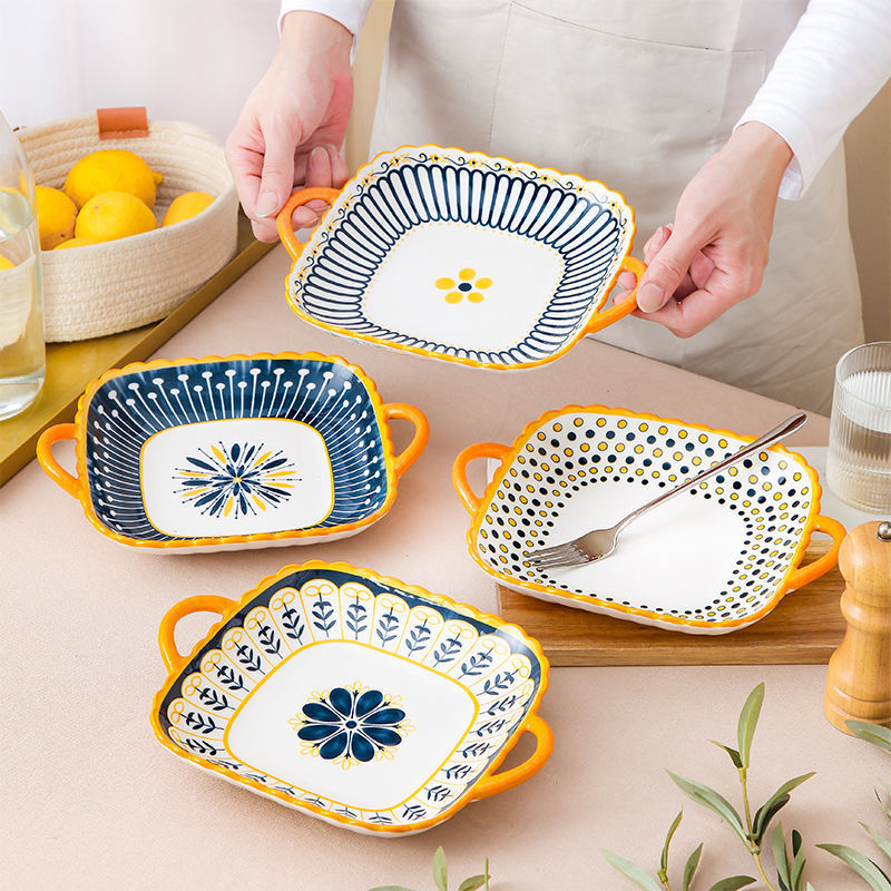 Északi stílusú négyszögletes porcelán tányér két fülével, mikrohullámú sütőben használható, kerámia étkészlet otthoni használatra