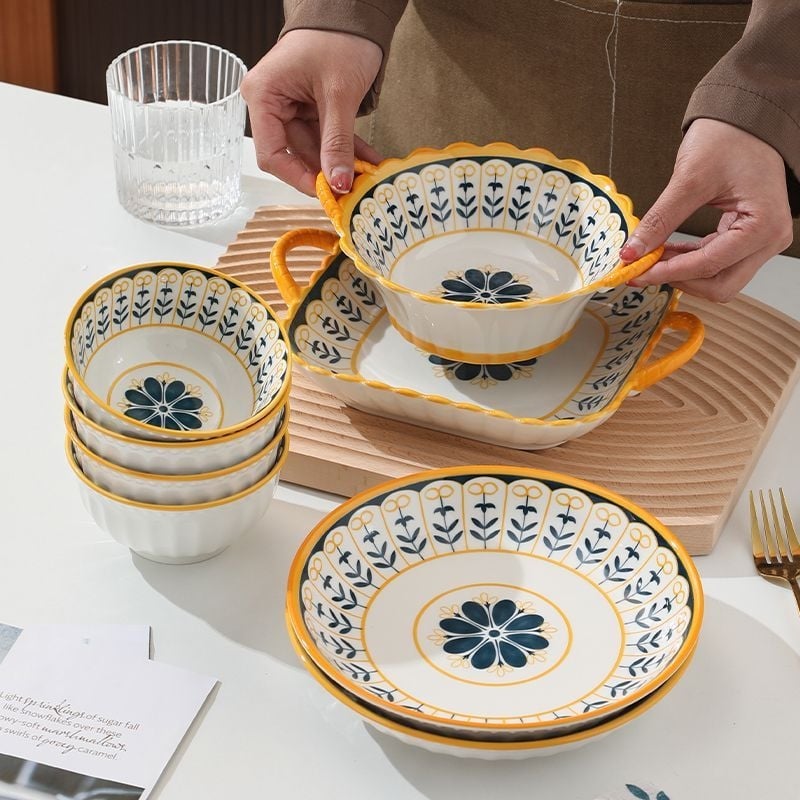 Északi stílusú négyszögletes porcelán tányér két fülével, mikrohullámú sütőben használható, kerámia étkészlet otthoni használatra