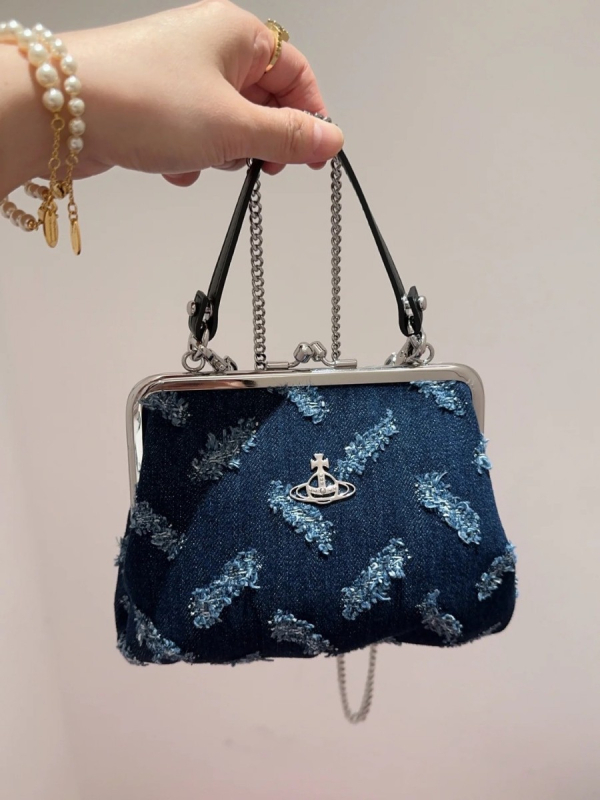 Denim torbica Empress Saturn s klipsom, crossbody s lancem, mala, retro oblik dumpling