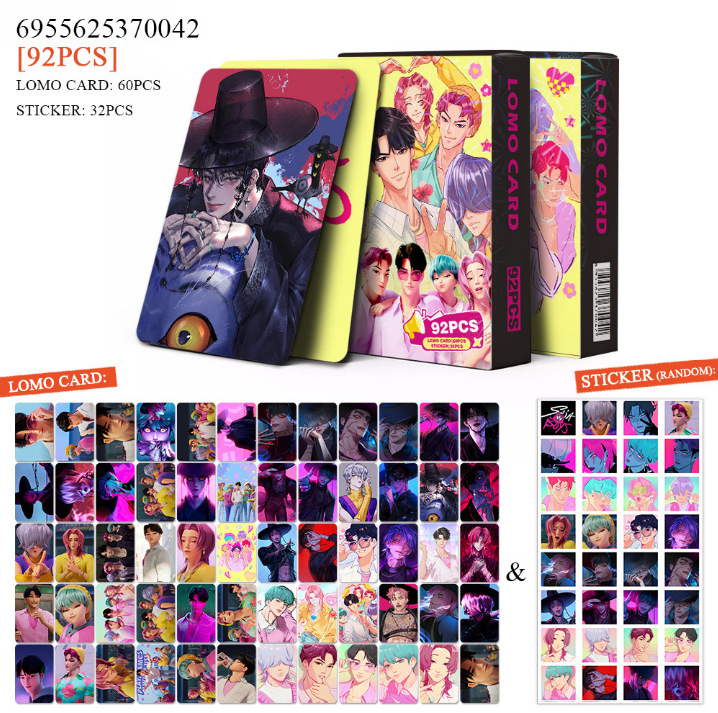 92 броя малки карти за K-pop Demon Slayer Girl Group колекция, Shaka Boy Group фотокарти, мини стикери и Lomo карти