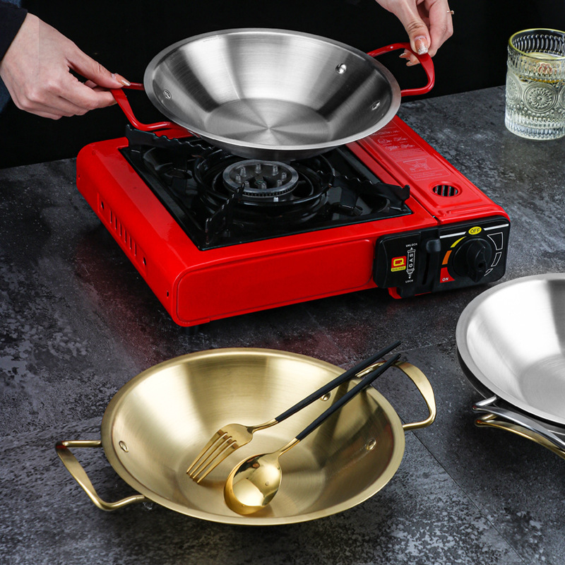 Корейски стил, златен 304 неръждаема стомана, сух тиган за морски дарове, плоско дъно, двойни дръжки