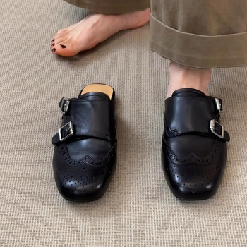 Ženske crne PU kože loaferice, slip-on, brogue stil, kvadratni nos, s dvostrukim kopčama, retro stil