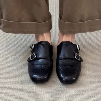 Ženske crne PU kože loaferice, slip-on, brogue stil, kvadratni nos, s dvostrukim kopčama, retro stil