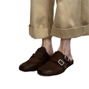 Ženske crne PU kože loaferice, slip-on, brogue stil, kvadratni nos, s dvostrukim kopčama, retro stil