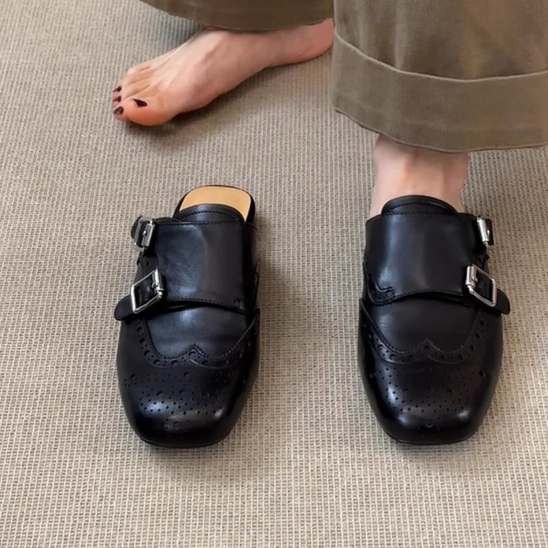 Ženske crne PU kože loaferice, slip-on, brogue stil, kvadratni nos, s dvostrukim kopčama, retro stil