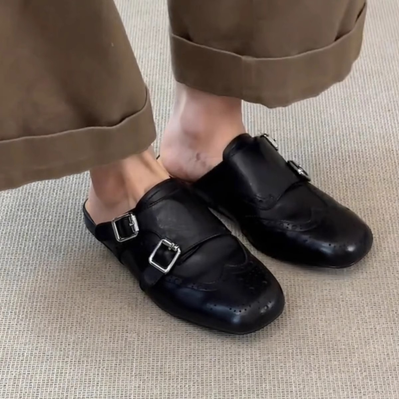 Ženske crne PU kože loaferice, slip-on, brogue stil, kvadratni nos, s dvostrukim kopčama, retro stil