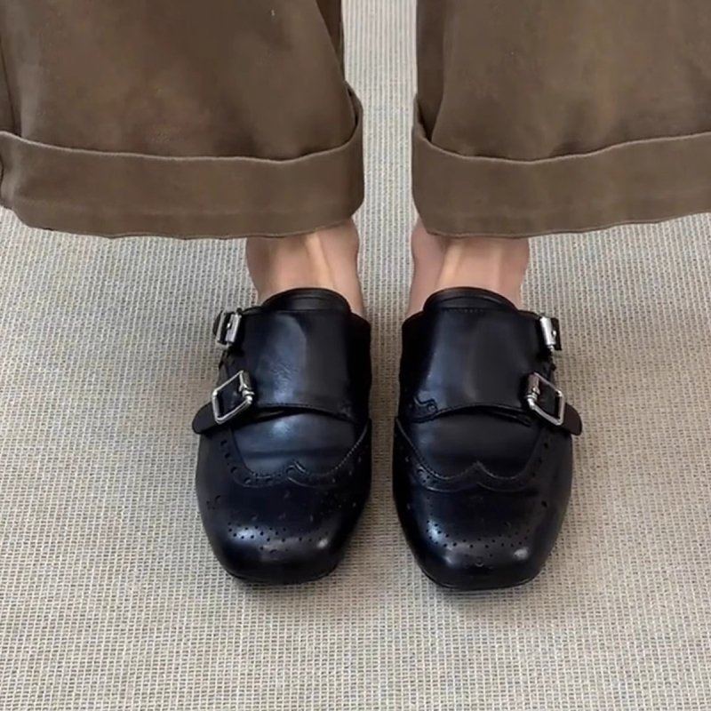 Ženske crne PU kože loaferice, slip-on, brogue stil, kvadratni nos, s dvostrukim kopčama, retro stil