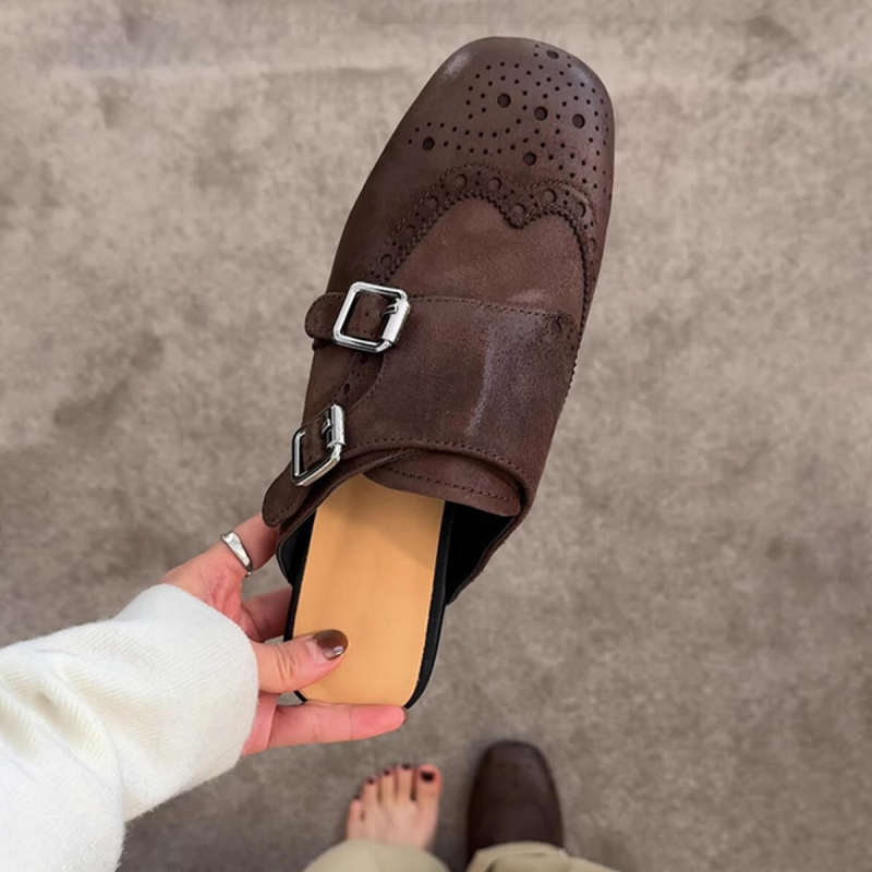 Ženske crne PU kože loaferice, slip-on, brogue stil, kvadratni nos, s dvostrukim kopčama, retro stil