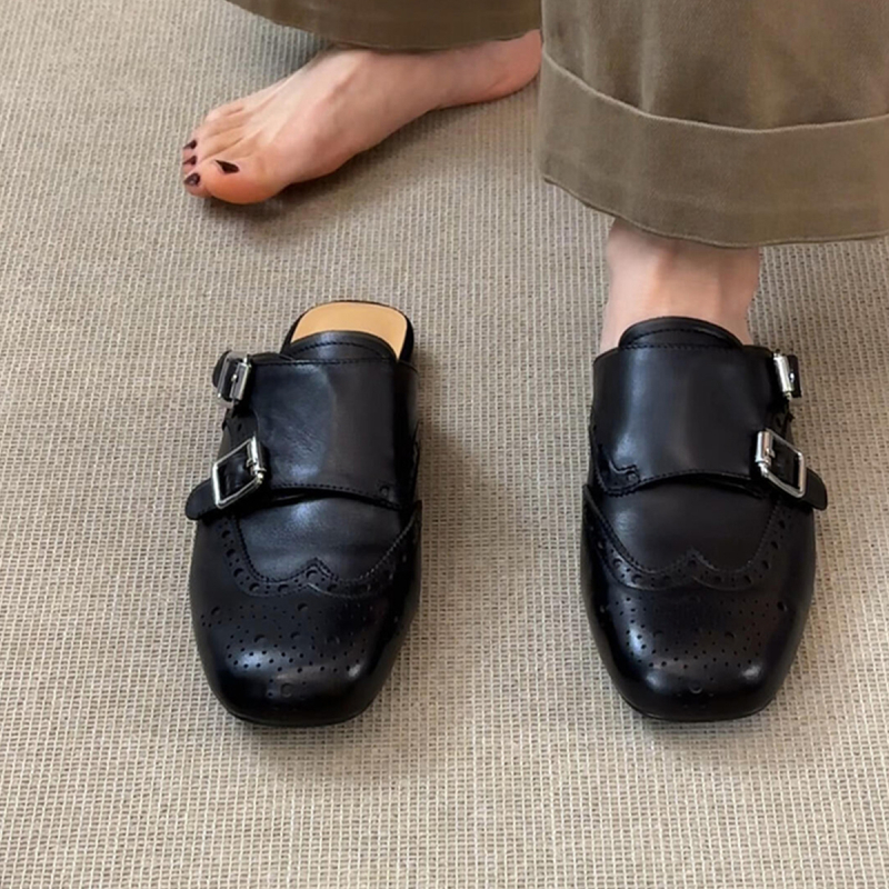 Ženske crne PU kože loaferice, slip-on, brogue stil, kvadratni nos, s dvostrukim kopčama, retro stil