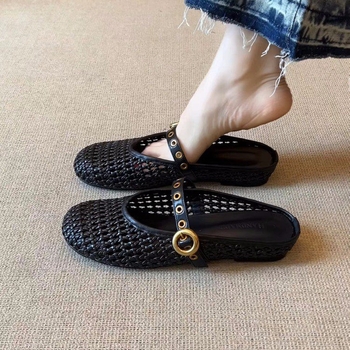 Verzija od ovčje kože, prava koža — ženske mule s zatvorenim prstom, ljetne pletene slip-on papuče