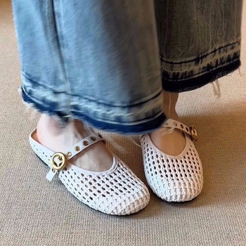 Verzija od ovčje kože, prava koža — ženske mule s zatvorenim prstom, ljetne pletene slip-on papuče