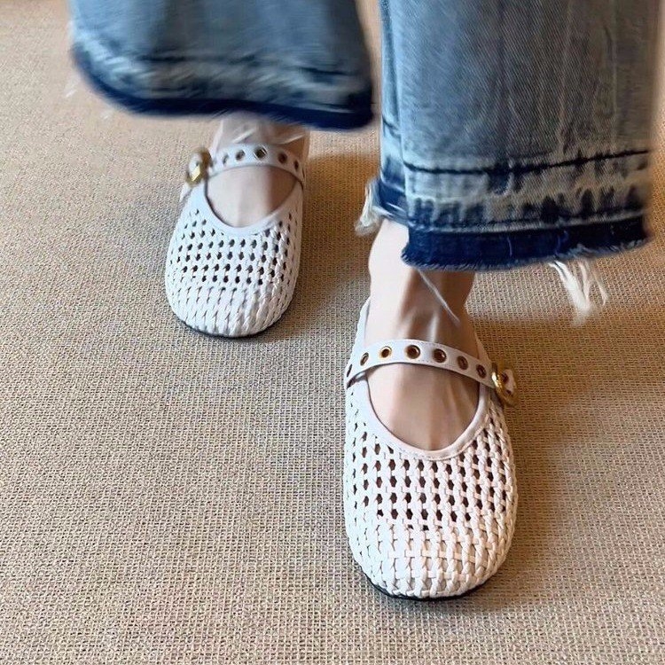 Verzija od ovčje kože, prava koža — ženske mule s zatvorenim prstom, ljetne pletene slip-on papuče