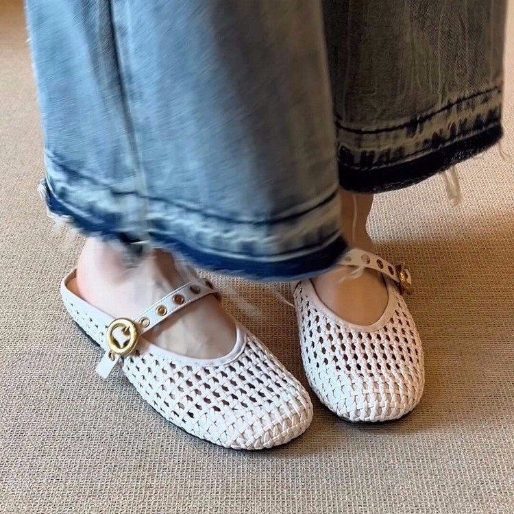 Verzija od ovčje kože, prava koža — ženske mule s zatvorenim prstom, ljetne pletene slip-on papuče