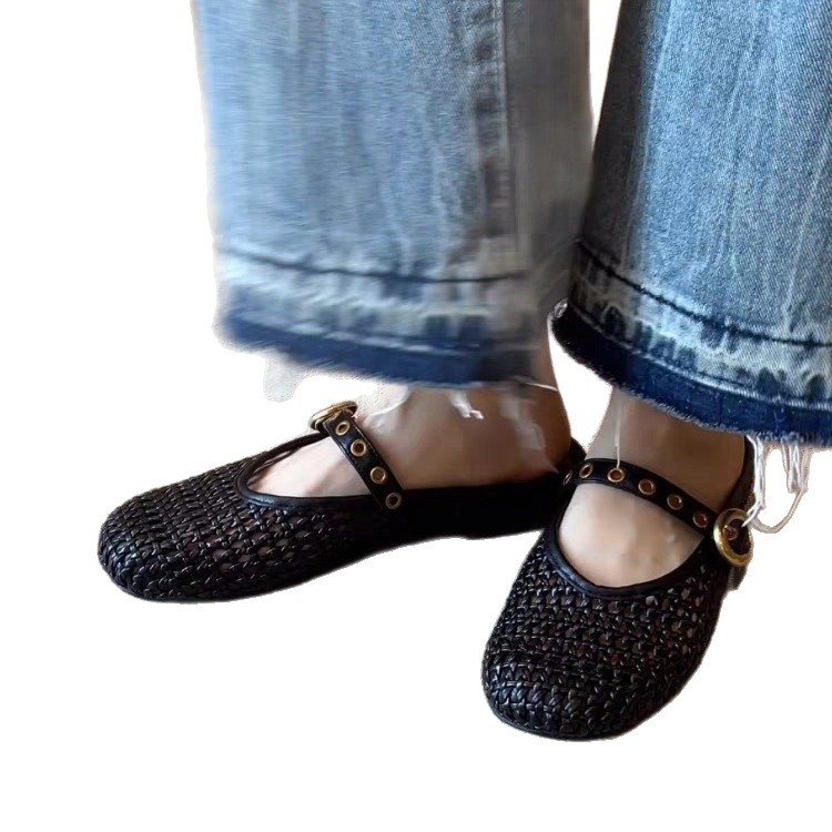 Verzija od ovčje kože, prava koža — ženske mule s zatvorenim prstom, ljetne pletene slip-on papuče