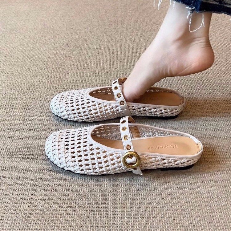 Verzija od ovčje kože, prava koža — ženske mule s zatvorenim prstom, ljetne pletene slip-on papuče