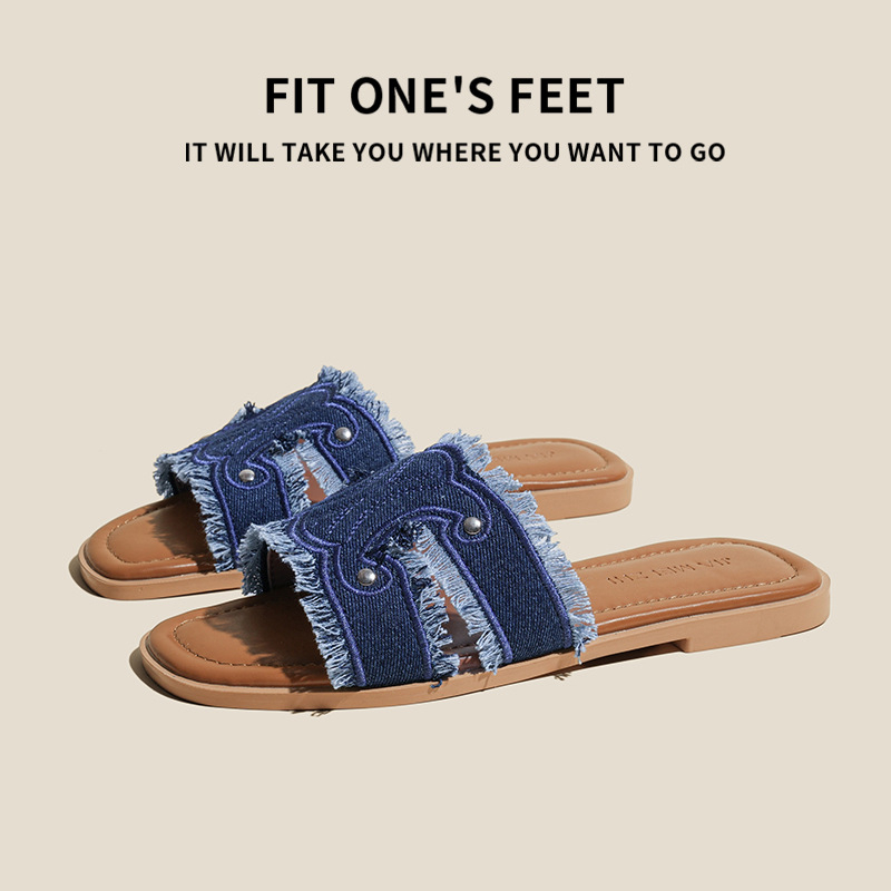 Versiune din piele de miel — Sandale pentru femei din piele adevărată și denim, vară, sandale plate, stil franțuzesc