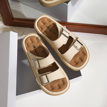 393-5 Ženske sandale u Birkenstock stilu, s kopčom za remen, ljetne casual ravne sandale, PU gornji dio, gumeni potplat
