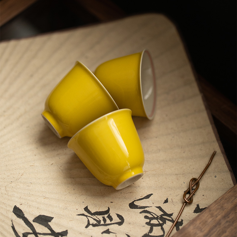Moji лимонено-жълта антична малка порцеланова чашка за чай — ръчно рисувана дегустационна чаша с двойна линия