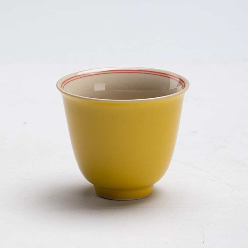 Moji лимонено-жълта антична малка порцеланова чашка за чай — ръчно рисувана дегустационна чаша с двойна линия