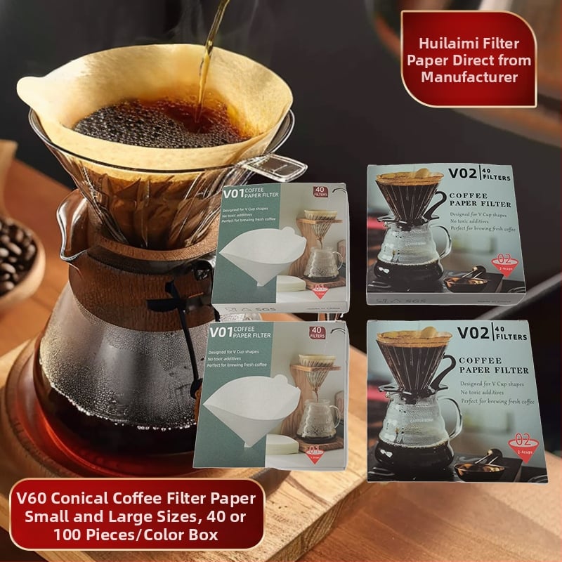 Конусовидни филтърни листа за кафе, 1-2 чаши, V60, 40 бр., дървесна целулоза, неутрален цвят, цветна кутия