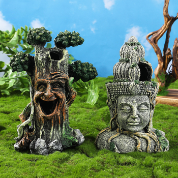 Akvárium dekorációhoz készült Buddha fej szobor, gyanta anyagból, vintage kínai stílusú, üreges farönkfa alakú dísz