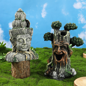 Akvárium dekorációhoz készült Buddha fej szobor, gyanta anyagból, vintage kínai stílusú, üreges farönkfa alakú dísz