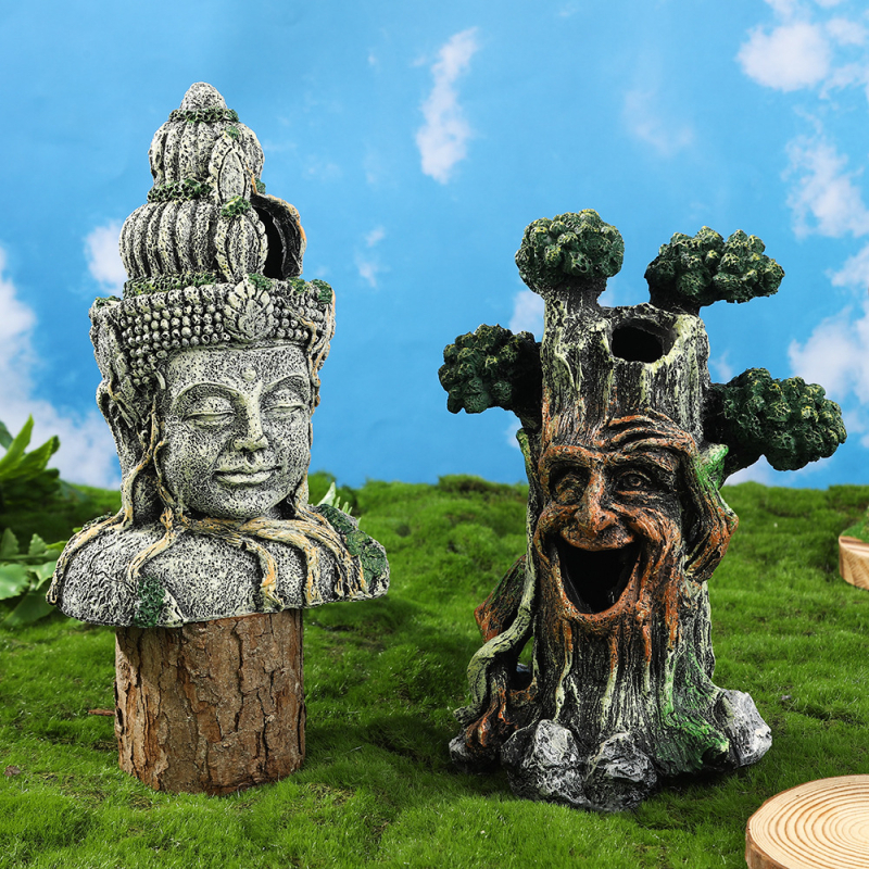 Akvárium dekorációhoz készült Buddha fej szobor, gyanta anyagból, vintage kínai stílusú, üreges farönkfa alakú dísz