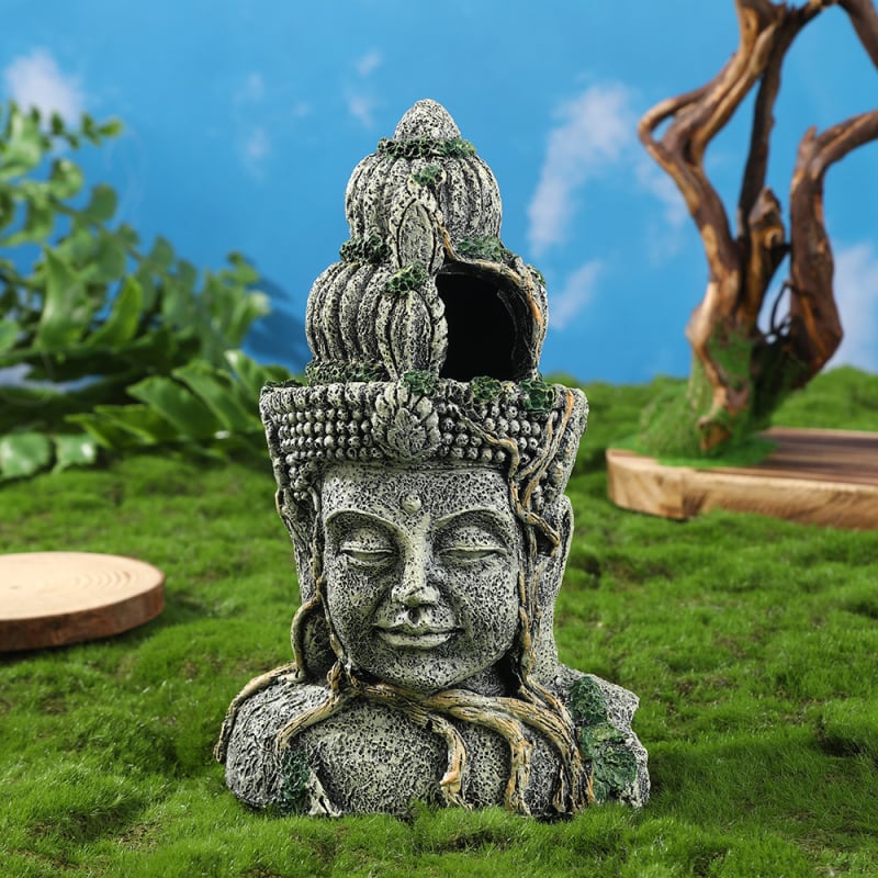 Akvárium dekorációhoz készült Buddha fej szobor, gyanta anyagból, vintage kínai stílusú, üreges farönkfa alakú dísz