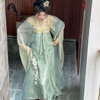 Hanfu set u Tang stilu s dvostruko zatvaranjem gornjeg dijela do prsa i tekućom suknjom, inspiriran dinastijama Sjevera i Juga, ljeto