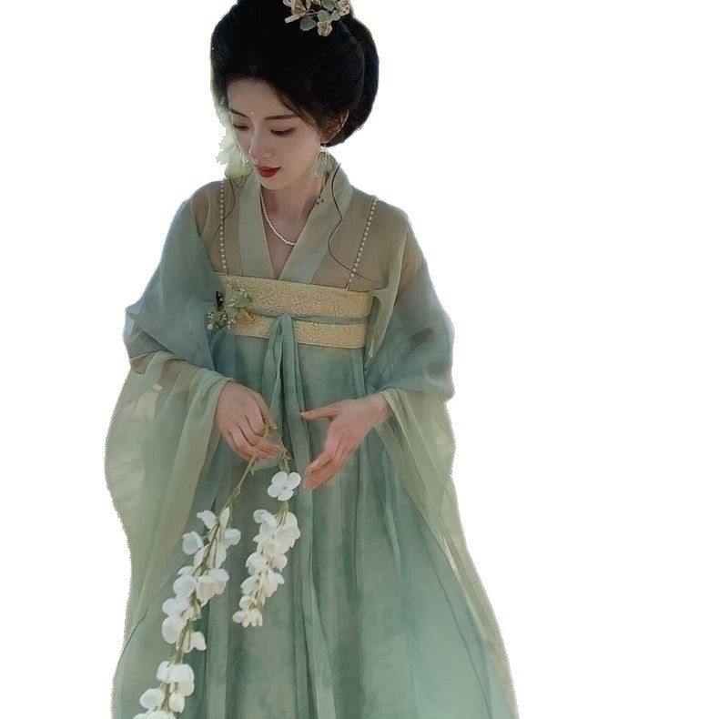 Hanfu set u Tang stilu s dvostruko zatvaranjem gornjeg dijela do prsa i tekućom suknjom, inspiriran dinastijama Sjevera i Juga, ljeto