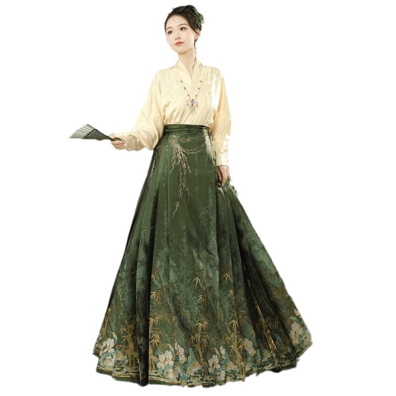 Ženski Hanfu u Ming stilu s zlatnom vezom i cvjetnim motivima, suknja s likom konjske glave, set rukava s dizajnom aviona, modernizirani cheongsam za svakodnevnu etničku modu