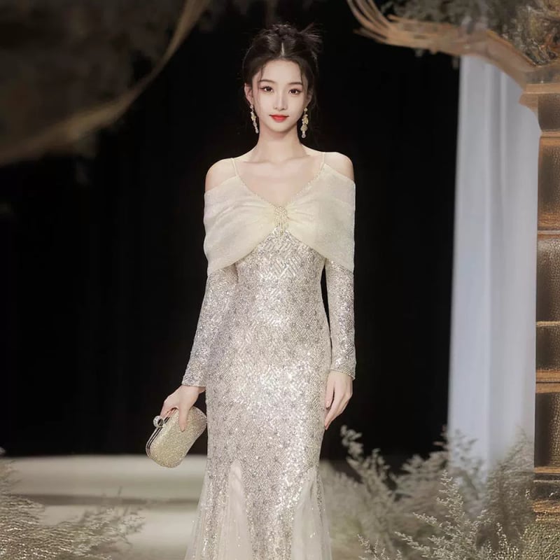 Elegantna večernja haljina s trakama, 2026 nova ljetna luksuzna niša stil, vitka linija s ribljim repom i štrasom, za žene