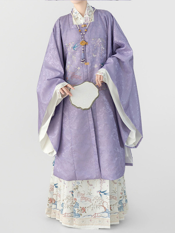 Hanfu za žene, Ming stil, duga haljina s izvezenim ukrasima i patchworkom, preklopni ovratnik, svakodnevna upotreba, jesen-zima